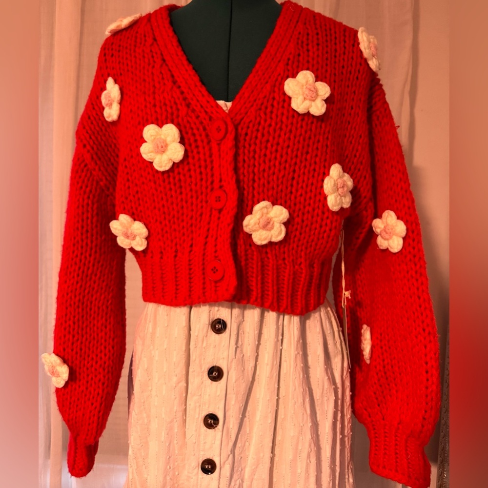 Anthropologie. Luna Ivy. NWT. Vibrant red cardigan with floral appliqués.